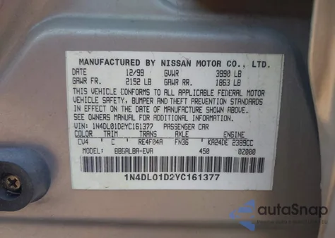 2000 Nissan Altima Gle/Gxe/Se/Xe from USA, damaged, VIN 1N4DL01D2YC161377